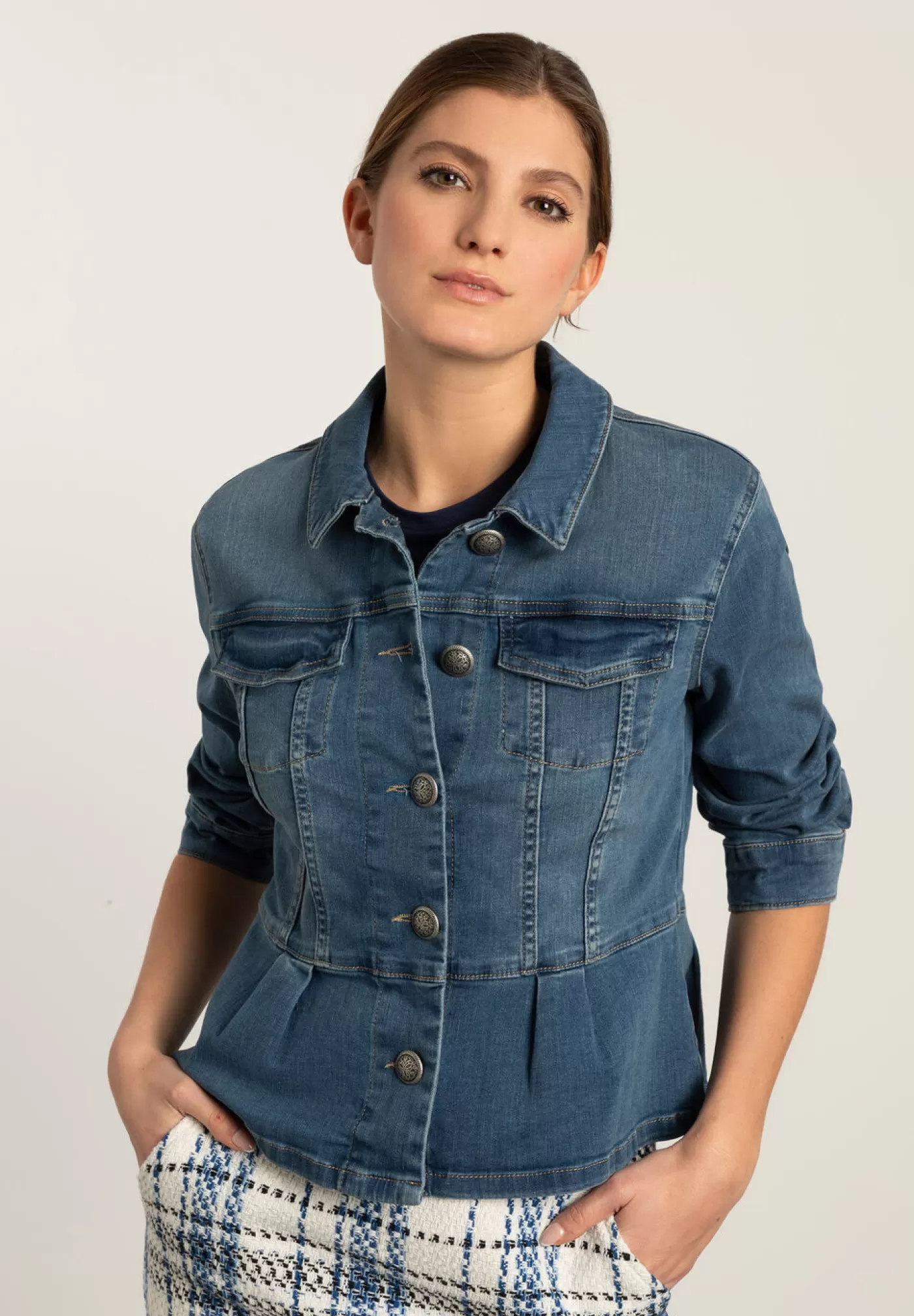 Discount MORE&MORE Jeansjacke mit Schößchen, Frühjahrs-Kollektion denim