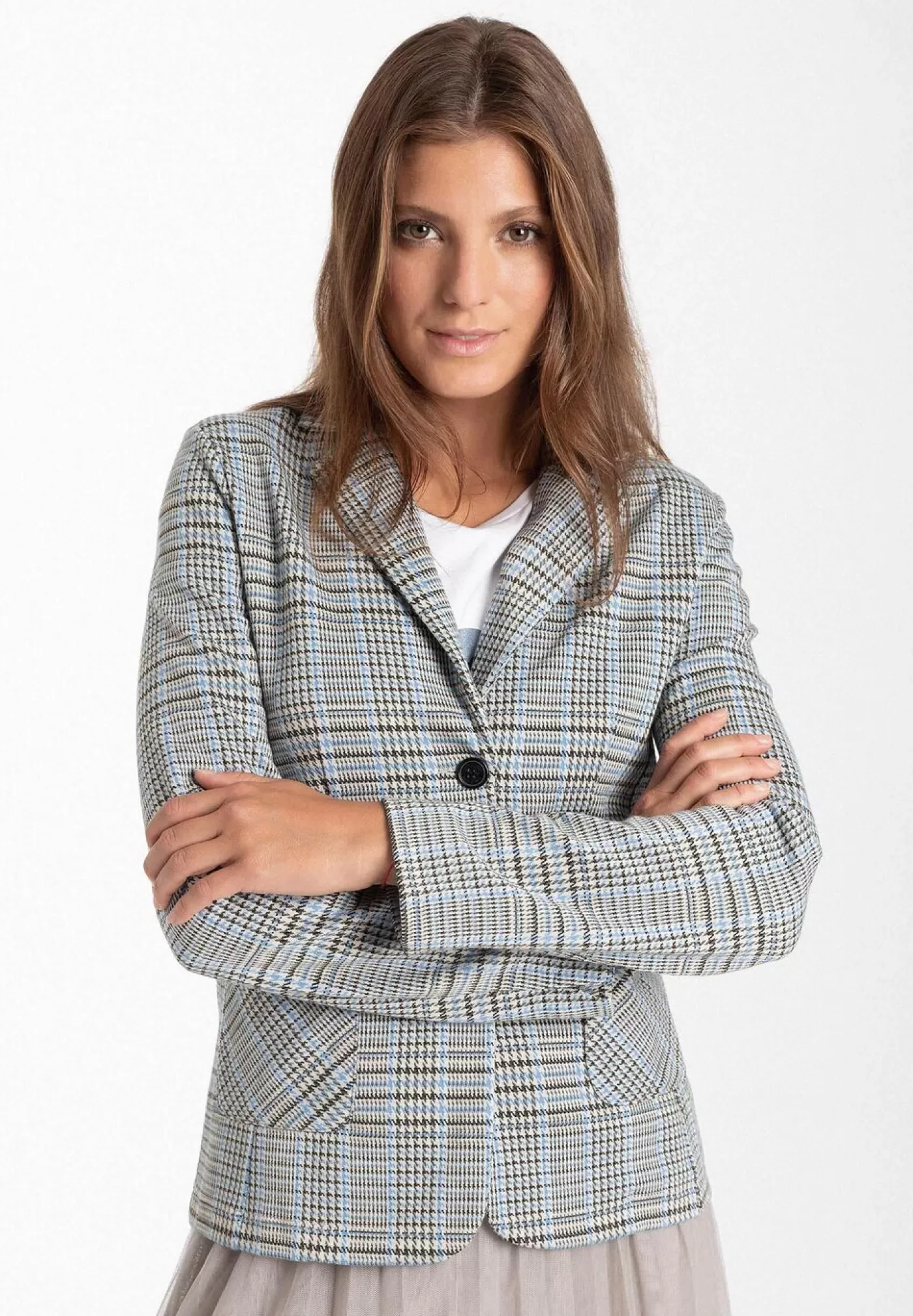 Fashion MORE&MORE Jerseyblazer, kariert, Herbst-Kollektion ecru