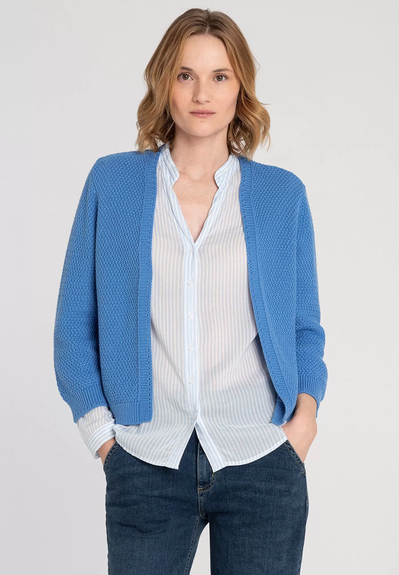 Fashion MORE&MORE offener Cardigan, blau, Frühjahrs-Kollektion hellblau